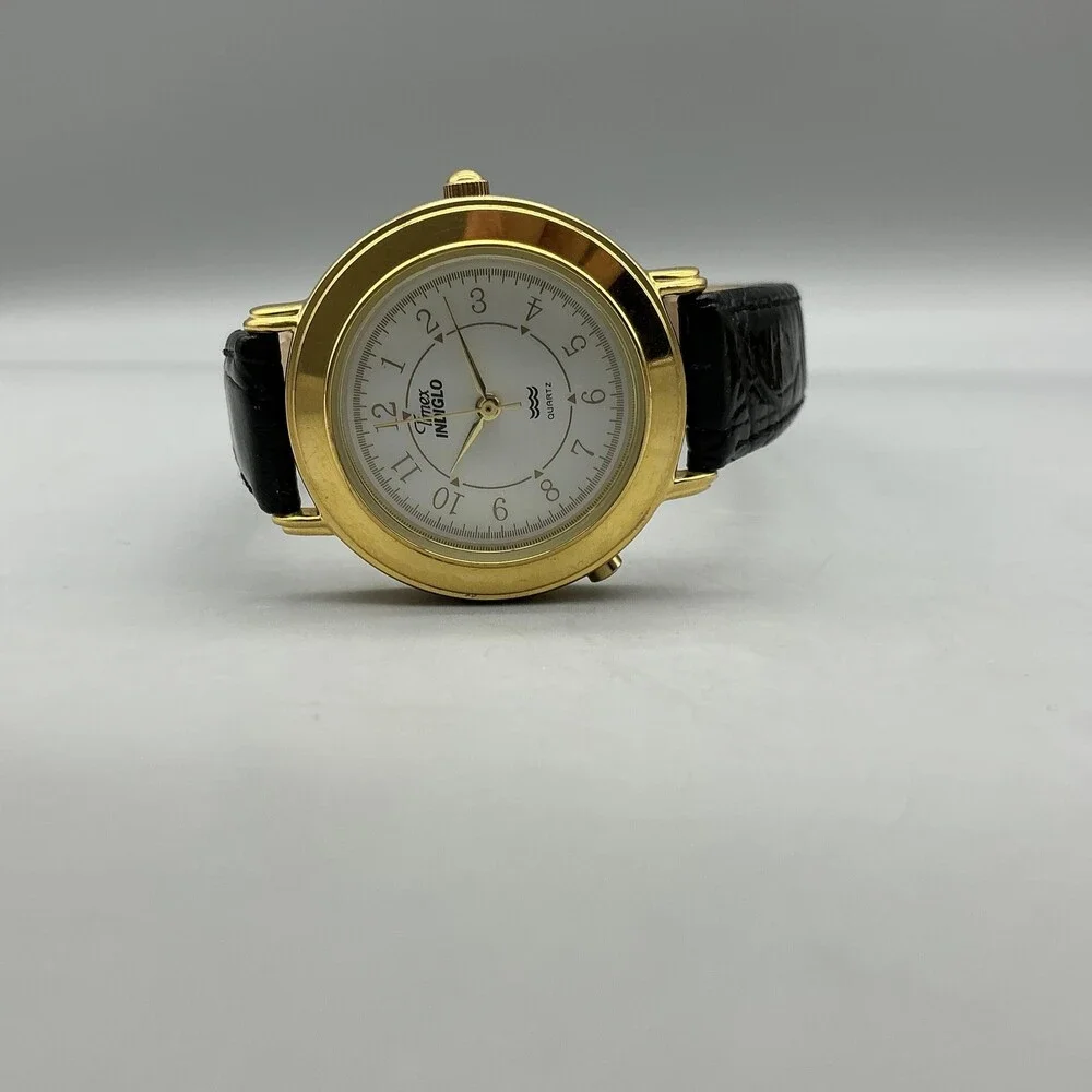 Timex Indiglo Womens Watch 31mm White Dial Gold Tone Black Leather New Battery